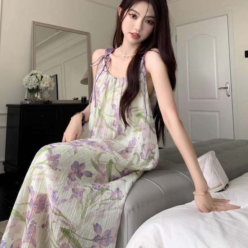 

Coffee break French sleeveless floral suspender dress children s summer new high-end and thin temperament long dress S