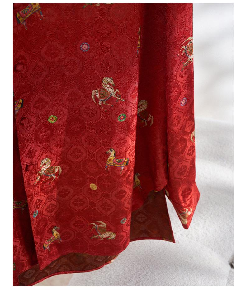 Golden Saddle Embroidered Stand Collar Shirt with Frog Button - New Chinese Style Long Sleeve Top (2026 Design)