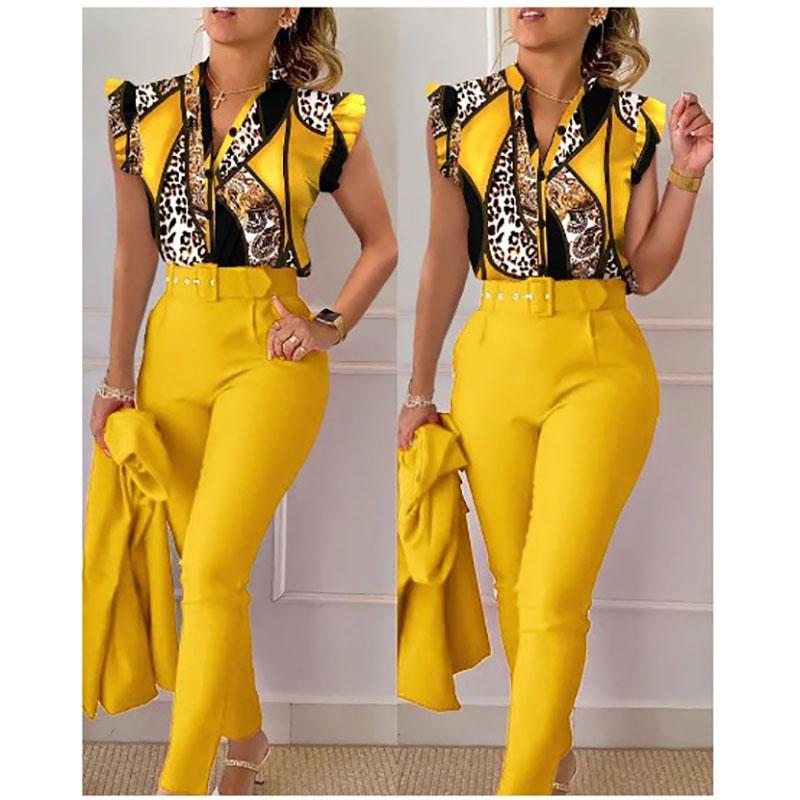 Conjunto de duas peças feminino elegante, moda, estampado, mangas bufantes, top, calças de cor sólida, conjunto com cinto, blusas, roupas femininas