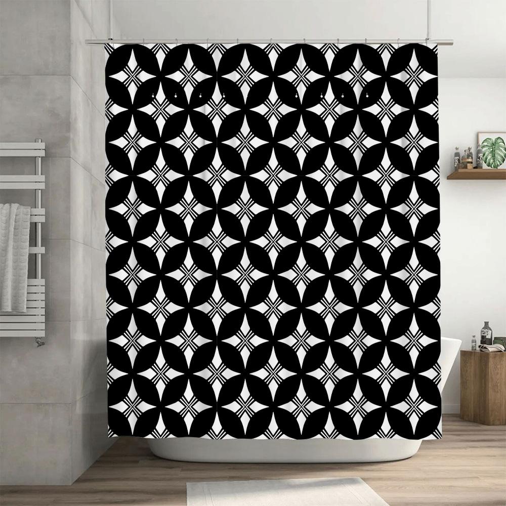 Stylish Black White Geometric Pattern Shower Curtain For Bathroom Decor Printed Waterproof Fabric, Size: 180X240Cm.