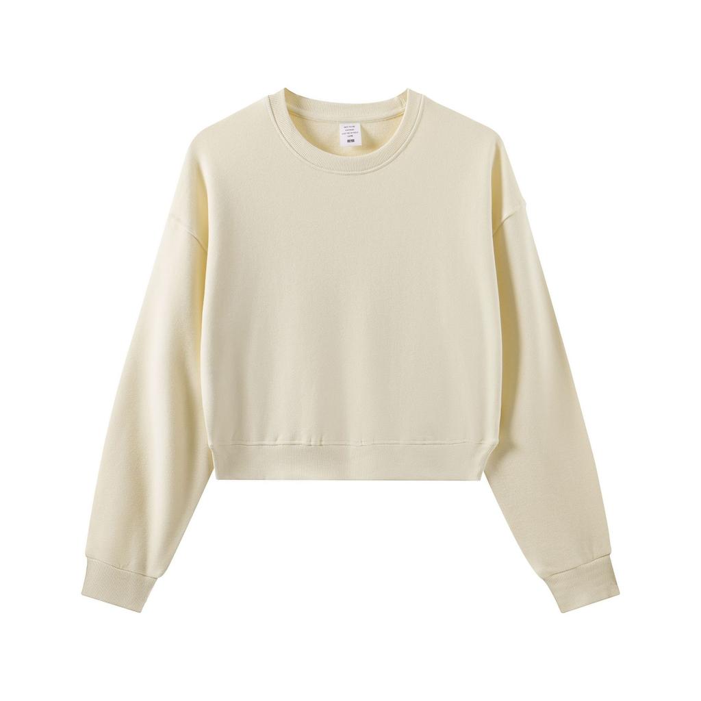 Women Cropped Crew Neck Sweatshirt 330g Fleece Lined Solid Color Long Sleeve Loose Casual Pullover Basic Top For Autumn Daily Outfits