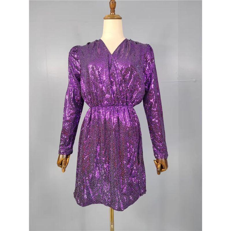 

Foreign Trade Order Spring New Long sleeve Stage Shiny V-neck Waist Hugging Slimming Nightclub European and American Temperament Personality Dress Purple S