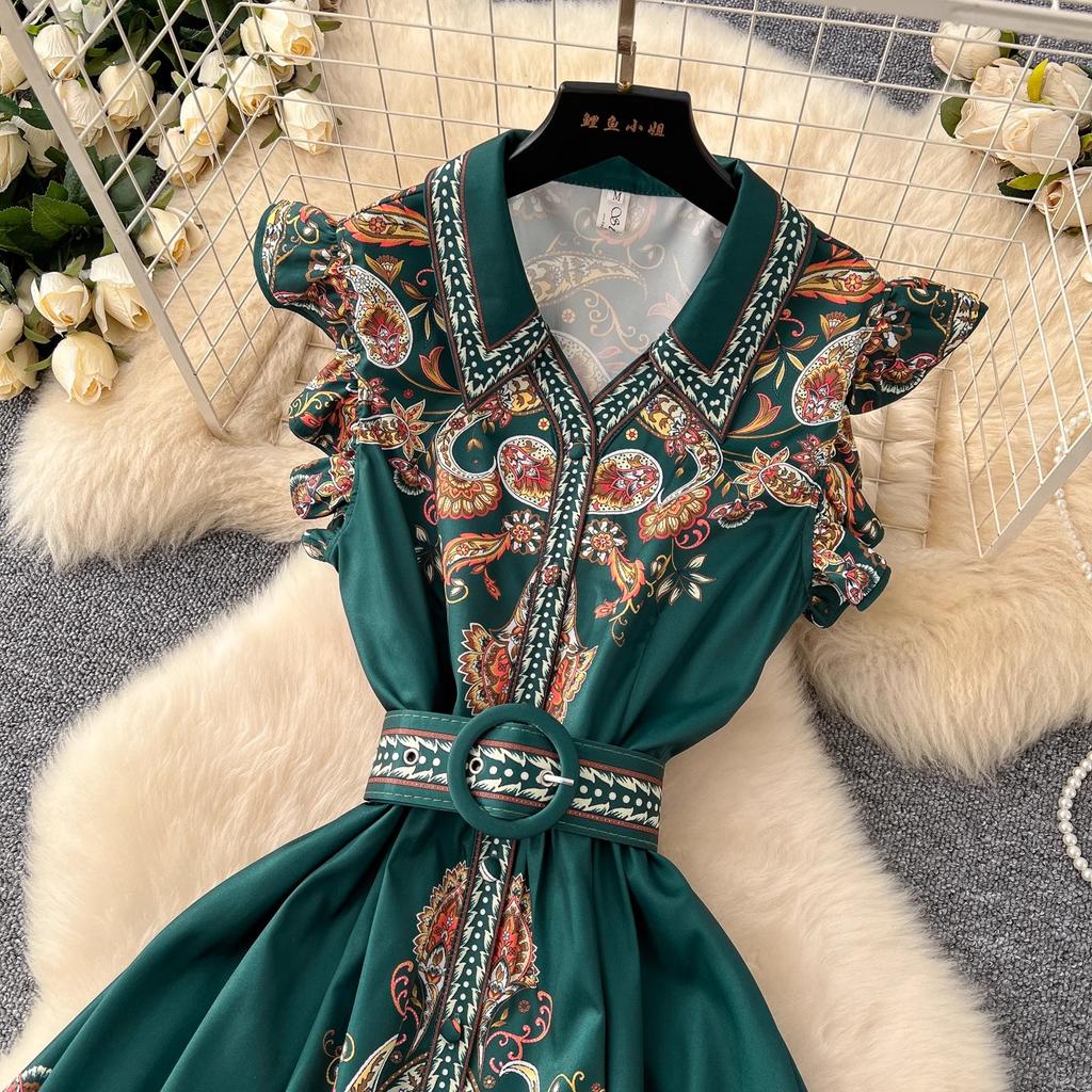 New Summer Pirnt Women Flower Turn Down Collar Flying Sleeve Belt Single Breasted Boho Holiday Party Dresses