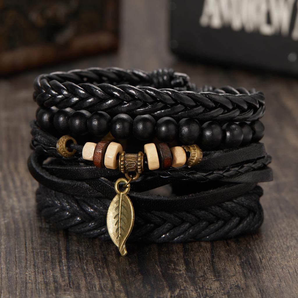 Trendy Braided Wrap Leather Bracelets Men Vintage Cross Dumbbell Guitar Charm Wood Beads Male Wristbands Jewelry Pulsera Hombre