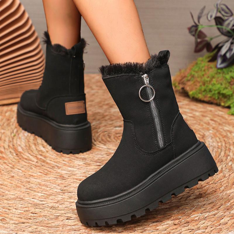 Fashion Chunky Platform Furry Suede Snow Boots Women 2025 Winter Thick Bottom Fluffy Fur Ankle Boots Side Zip Warm Plush Women's Shoes