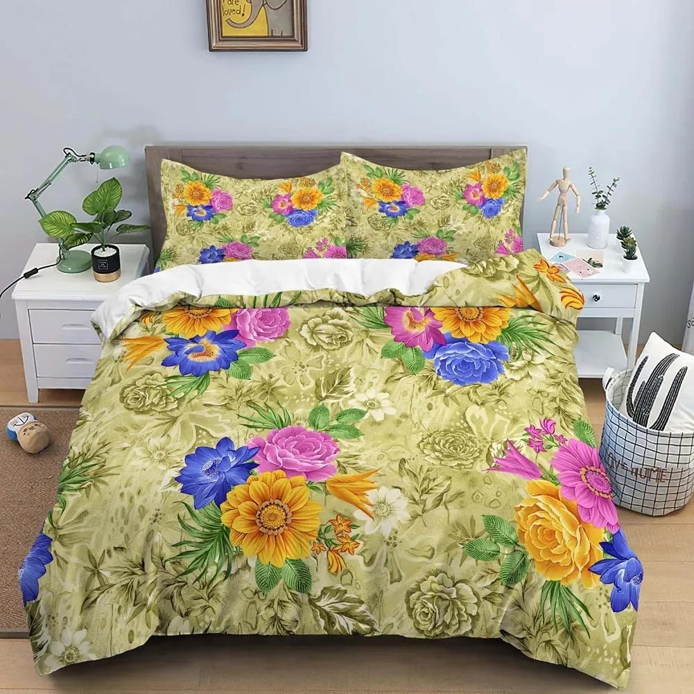 Vintage Blumen King Queen Bettbezug Pfingstrose Sonnenblumen Bettwäsche Set Tropischer Blumen Quilt Bezug Boho Polyester Bettbezug