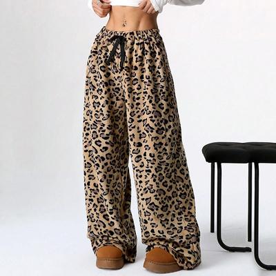 Lösa vida benbyxor för kvinnor Casual flanellbyxor med leopardmönster för höst och vinter