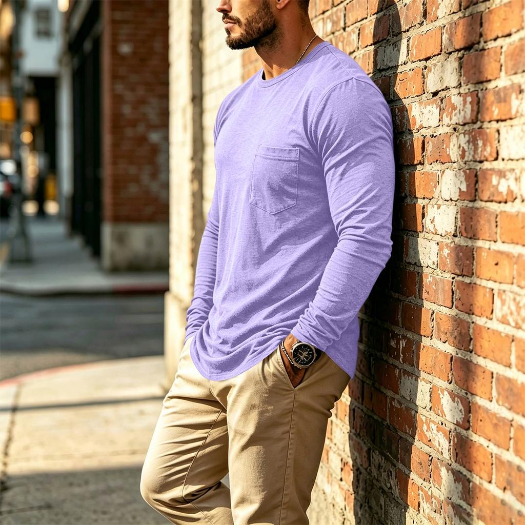 Men's Casual Long Sleeve Round Neck T-Shirt with Pocket for Everyday Wear