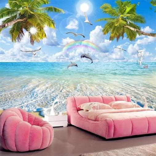 Beautiful Sea Mural Coconut Landscape Wallpaper Beach And Tree Dolphin Mural Living Room Bedroom Background Wallpaper