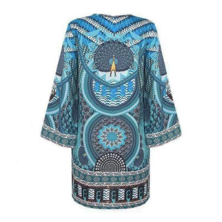 Retro Ethno-Print Sommerkleid Damen Langarm V-Ausschnitt Weich Atmungsaktiv Locker Knielang Lässig Täglich Midi-Kleid