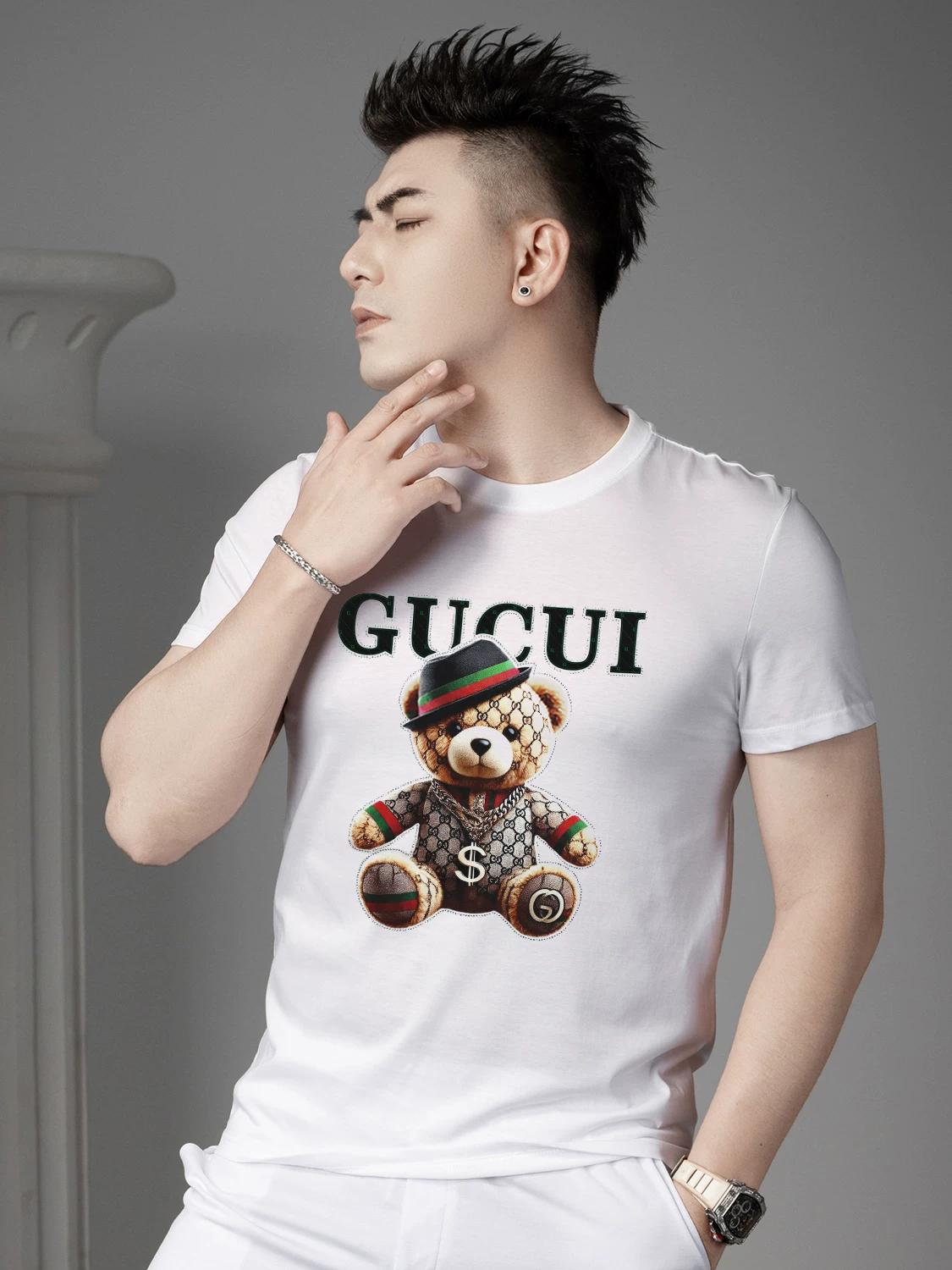 

European Goods Men s Cartoon Bear Print Short sleeve T-shirt 2025 New Summer Fashion Brand T-shirt Casual Half Sleeve Top 2XL белый