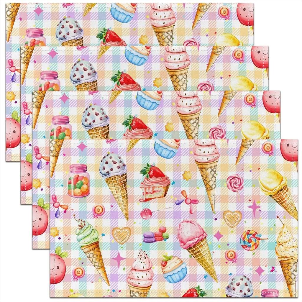 4PC Ice Cream Truck Placemat ,Sweet Doughnut Outdoor Indoor Place Mats,Stripe Washable Durable Table Mats 30X45cm