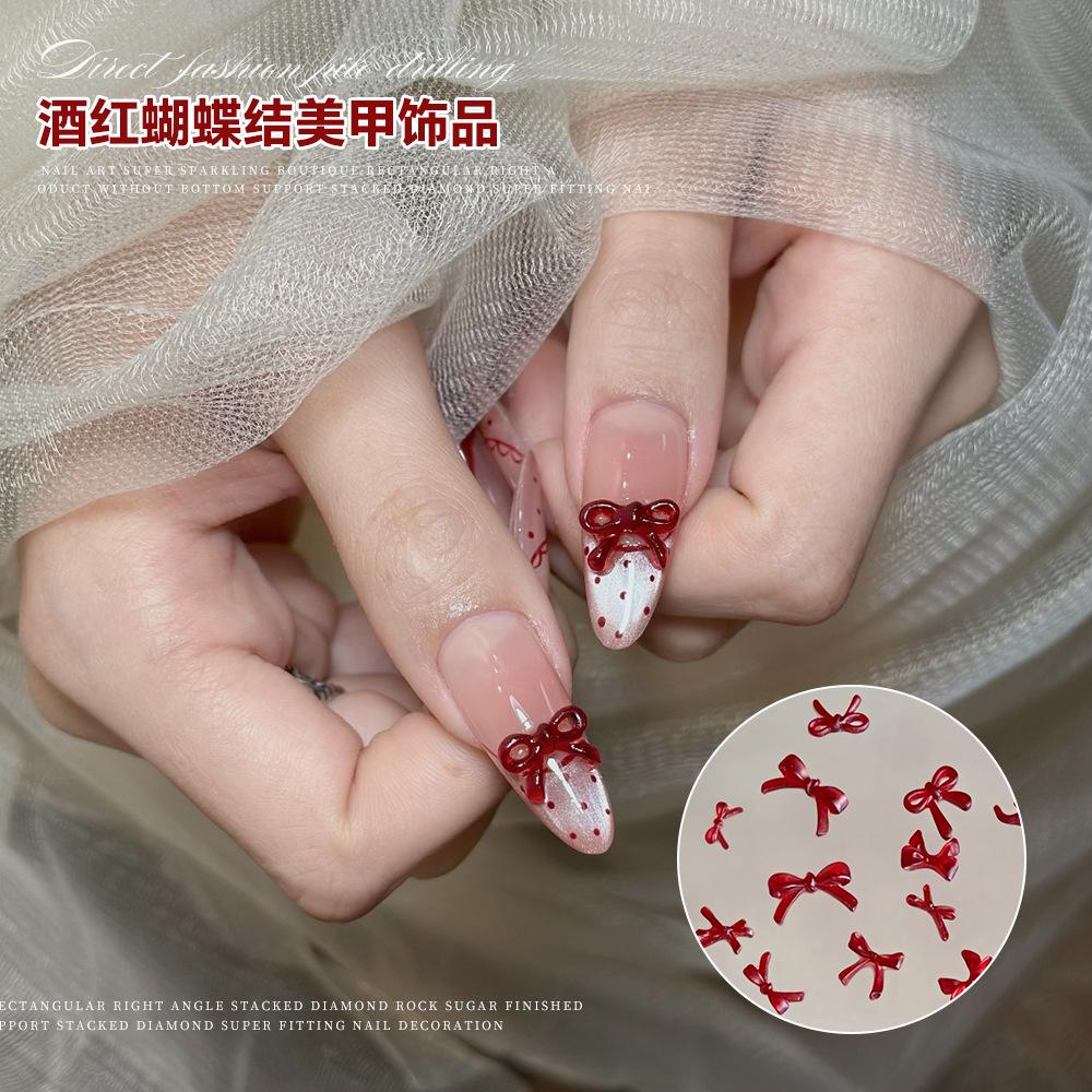 Wine Red Bow Nail Accessories Popular Online Items Solid Color Three-dimensional Hollow Tie Cartoon Resin