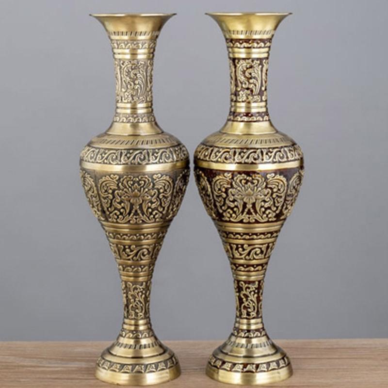 Antique Metal Vases with Embossed Geometric Pattern Dried Flower Arrangements Container for Table Centerpieces Decors