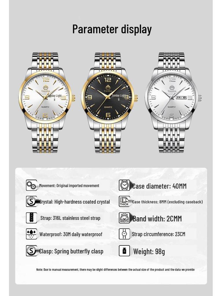 Tianlida Trendy Bestseller Men's Waterproof Quartz Stainless Steel Wristwatch with Date & Week Display