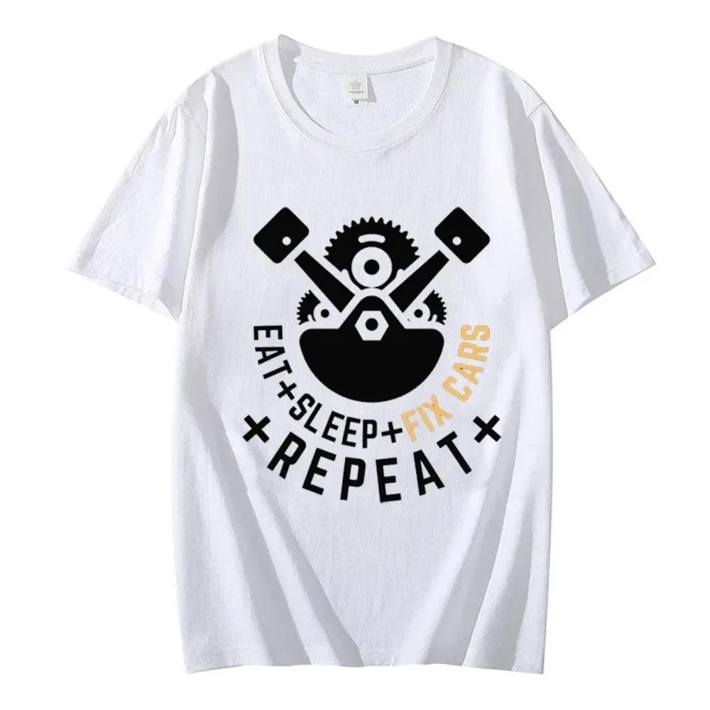 New Trendy Men T-shirt Eat Sleep Fix Cars Repeat Engine Funny Men Oversized T-shirts Tops Black Brand Tee Summer Fashion Shirt