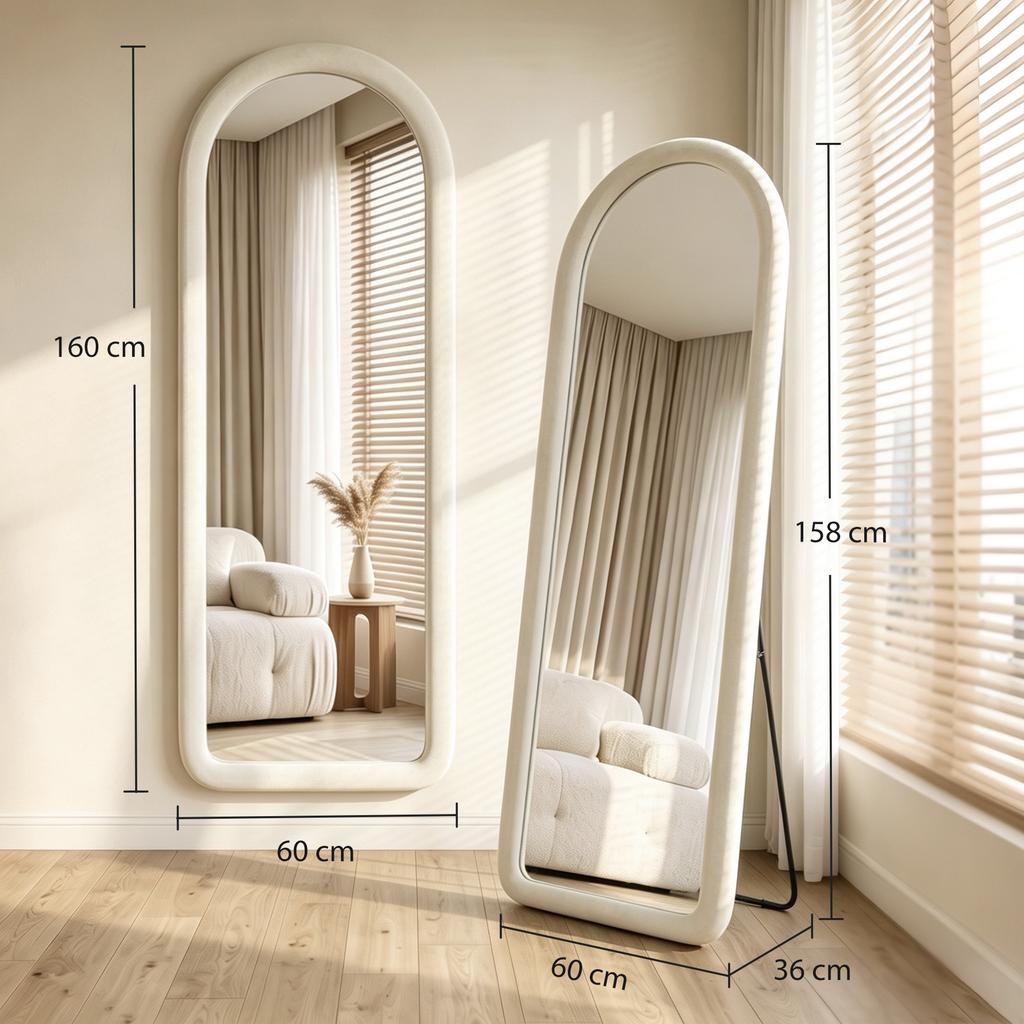Arched Floor Mirror, 160 x 60 cm, Freestanding or Wall-Mounted, Velvet Frame, Tempered Glass, Cream