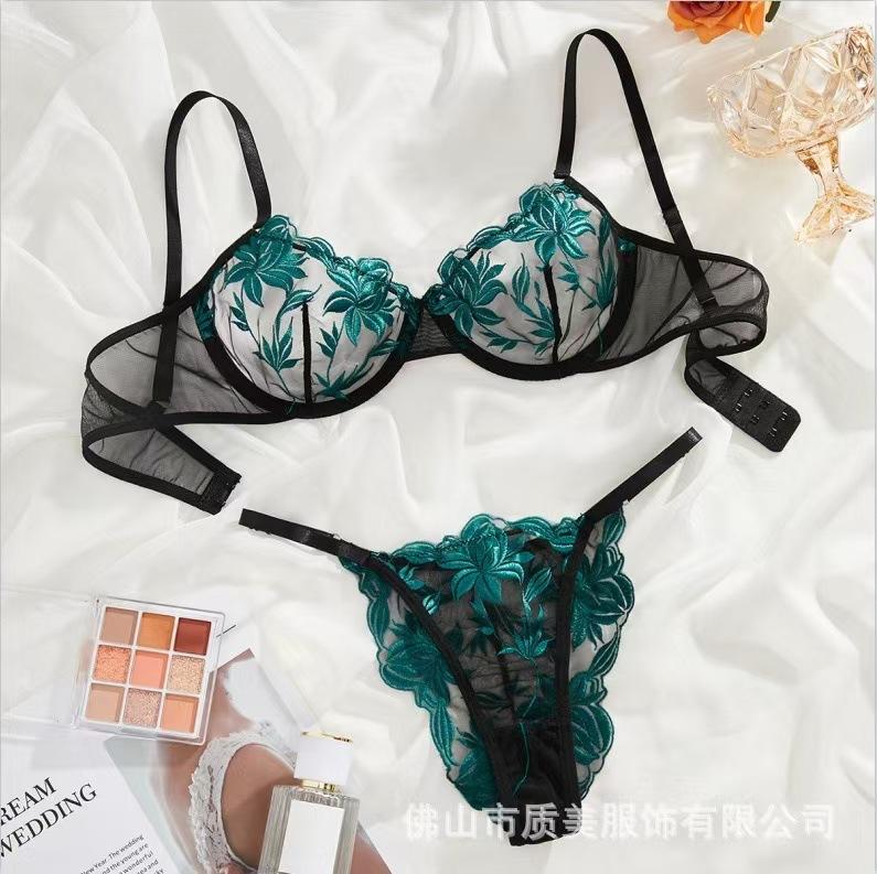 Sexy Lingerie Embroidered Flower Women's Perspective Mesh Bra Sexy Bra Panty Set
