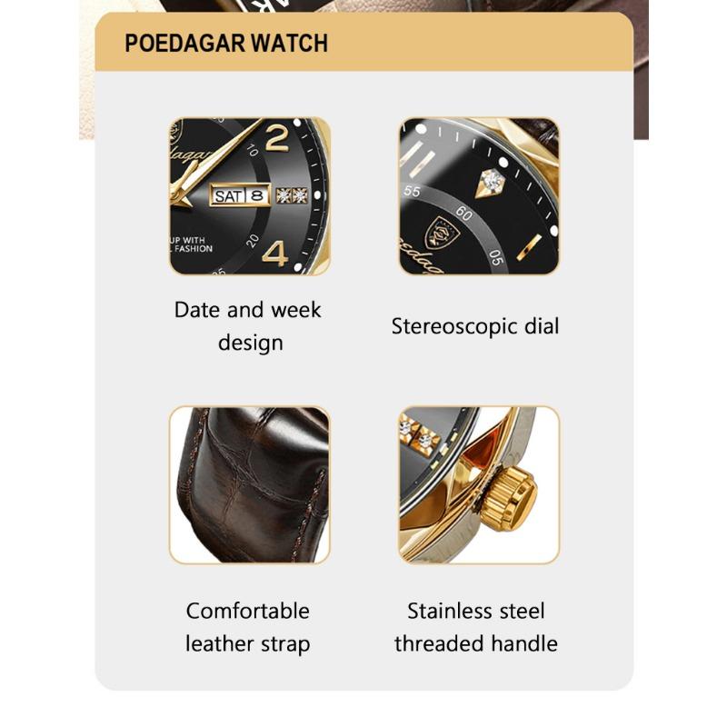POEDAGAR Orologi di Lusso di Alta Qualità per Uomo Sportivi Quarzo Pelle Impermeabile Luminosi Data Giorno Orologio Maschile Reloj