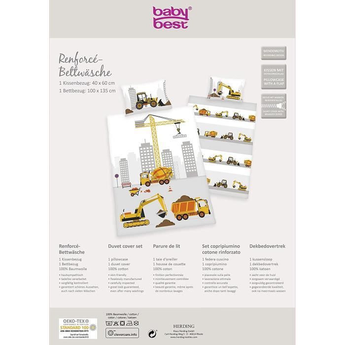 Parure de lit bébé - jana - chantier de construction - réversible - 100 x 135 cm - 40 x 60 cm