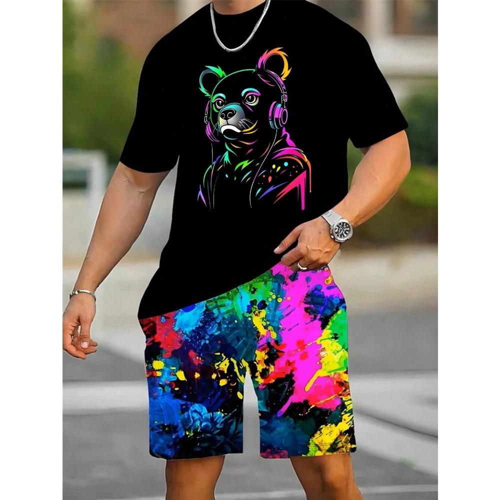 

Summer New Men s Short-Sleeved Shorts Set with 3D Pattern Printing for Street Casual Fashion Comfortable and Soft XS