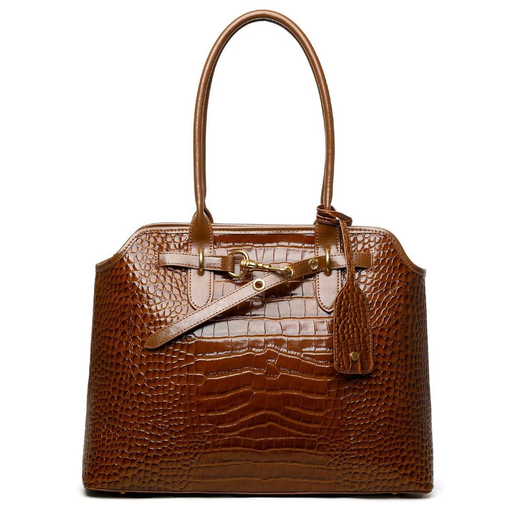 Elegant Brown Croco-Embossed Cowhide Tote Bag – Spacious & Stylish for Travel and Daily Use