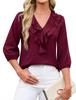 Womens Ruffled V Neck Three Quarter Sleeve Polka Dot Chiffon Blouse
