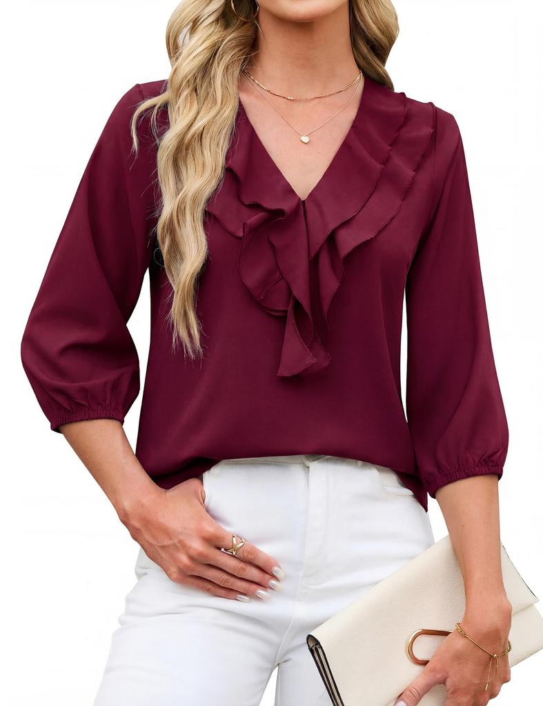 Womens Ruffled V Neck Three Quarter Sleeve Polka Dot Chiffon Blouse