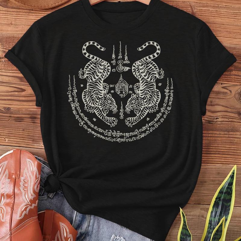 Tigerstriped Sashimi Sak Yant Thai Tattoos Featuring Twin Tigers Muay Thai Magic Thai Printed Tshirt Shortsleeve Casual Top