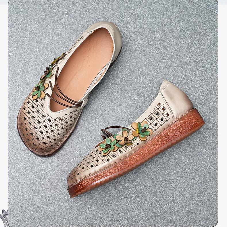 Johnature Flat Sandals Genuine Leather Hollow-out Breathable Retro Soft Soled Women's Shoes