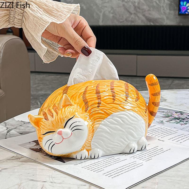 Lovely Cartoon Ginger Cat Ceramic Tissue Box Coffee Table Desk Decoration Creative Tissue Box Bedside Table Paper Towel Case
