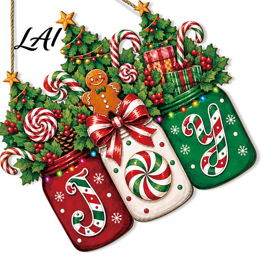 Candy Cane Holiday Sign Christmas Door Joy Hanging Wooden Sign Gingerbread Wreath Mason Decorative Wood Board for Windows Jar Welcome Front