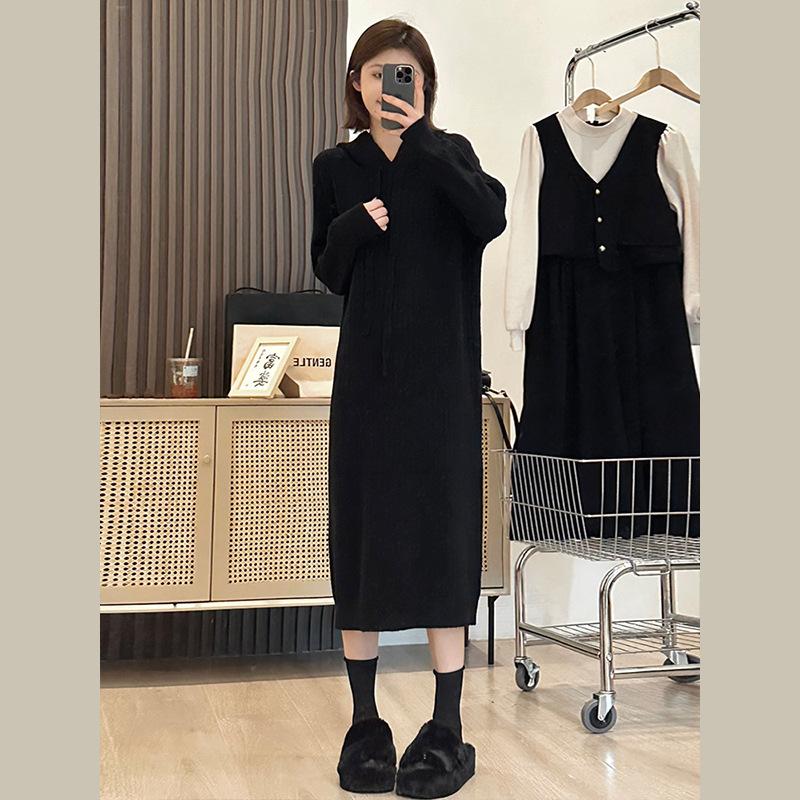 Hooded Medium and Long Autumn and Winter Knitted Dress, New Lazy Style Loose and Thin Women's Sweater Skirt