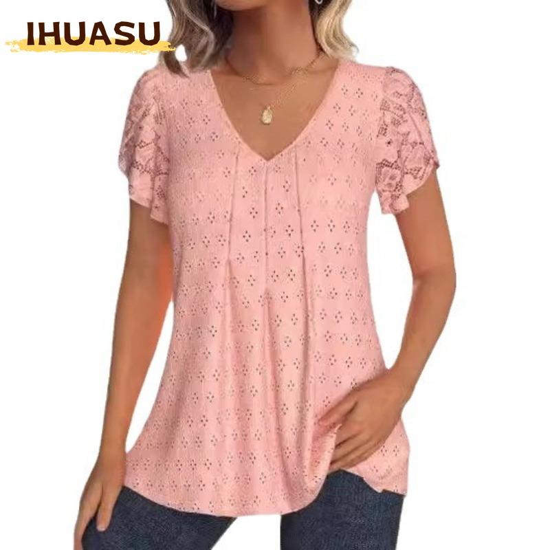 IHUASU Women's Fashion Casual V-Neck Short Sleeve Blouses & Shirts