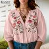 ZANZEA Damen Sommer V-Ausschnitt 3/4 Ärmel Lockere Bluse mit floraler Stickerei