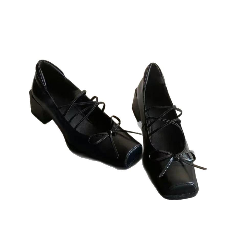 Sheepskin version~ 2025 spring and autumn new single shoes women's thick heel pig nose leather bow thick heel ballet shoes women