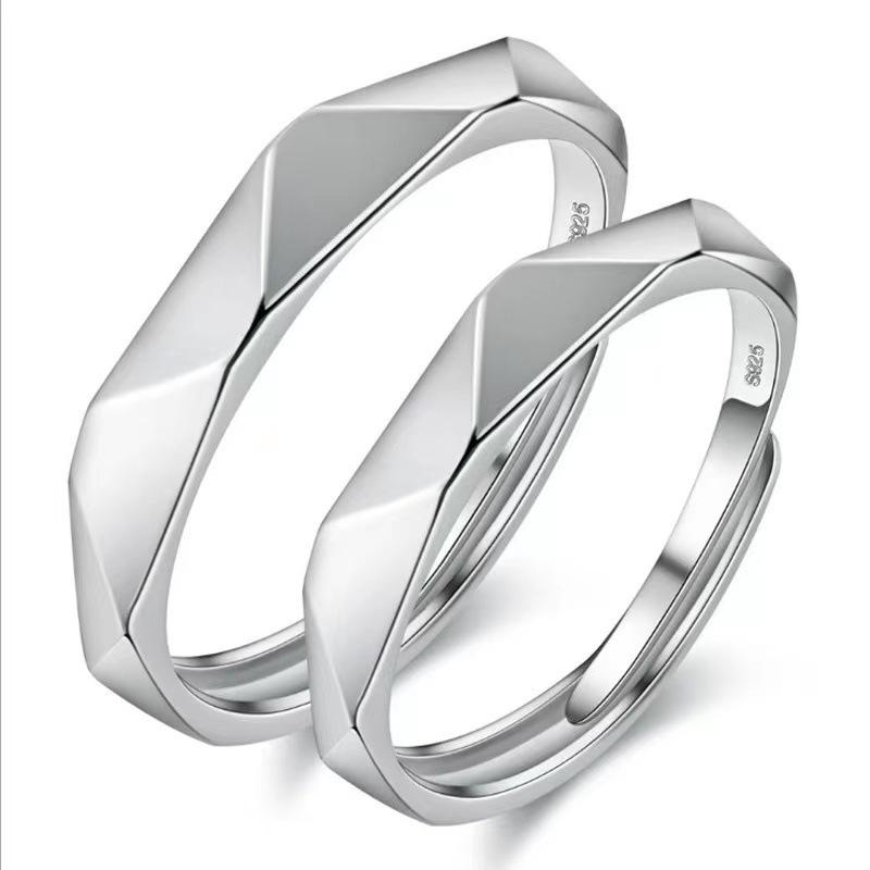 Sterling Silver Faceted Rhombus Adjustable Couple Rings - Personalized for Men & Women Default