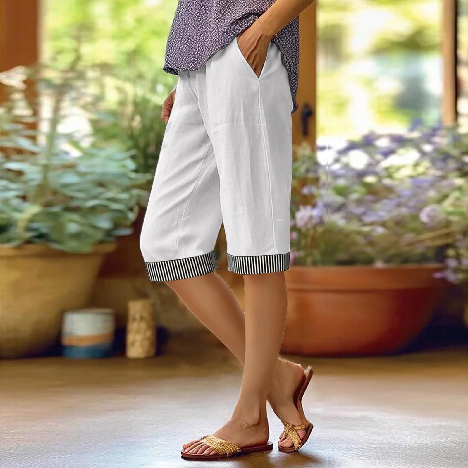 

Women s Summer High-Waisted Cotton-Linen Relaxed-Fit Striped Pants With Back Pockets XL білий