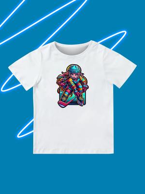 Round Neck Printed Pattern Pullover Short Sleeve Kids Tops Female Ice Hockey Player