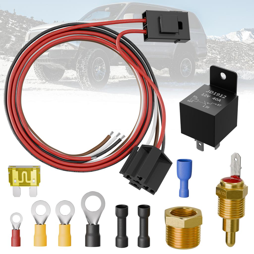 40 AMP Electric Fan Relay Kit Electric Cooling Fan Thermostat Kit with 185 On 175 Off Temperature Switch Waterproof Kit For Cars