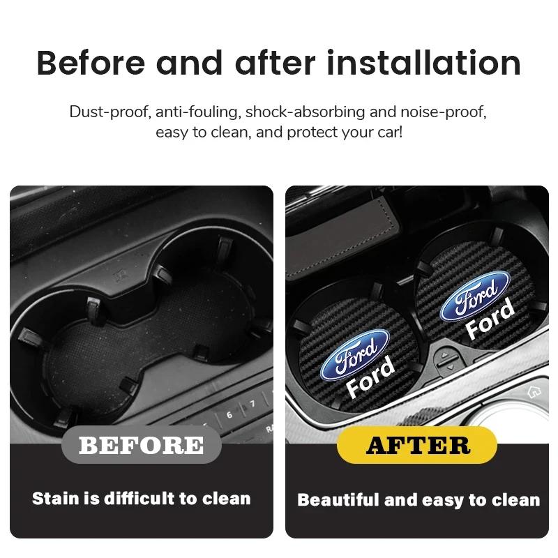 New 2026 Car Sticker 2Pcs Carbon Fiber Coaster Car Water Cup Anti-slip Pad Mat Auto Interior For Ford Focus Fiesta Mondeo Transi