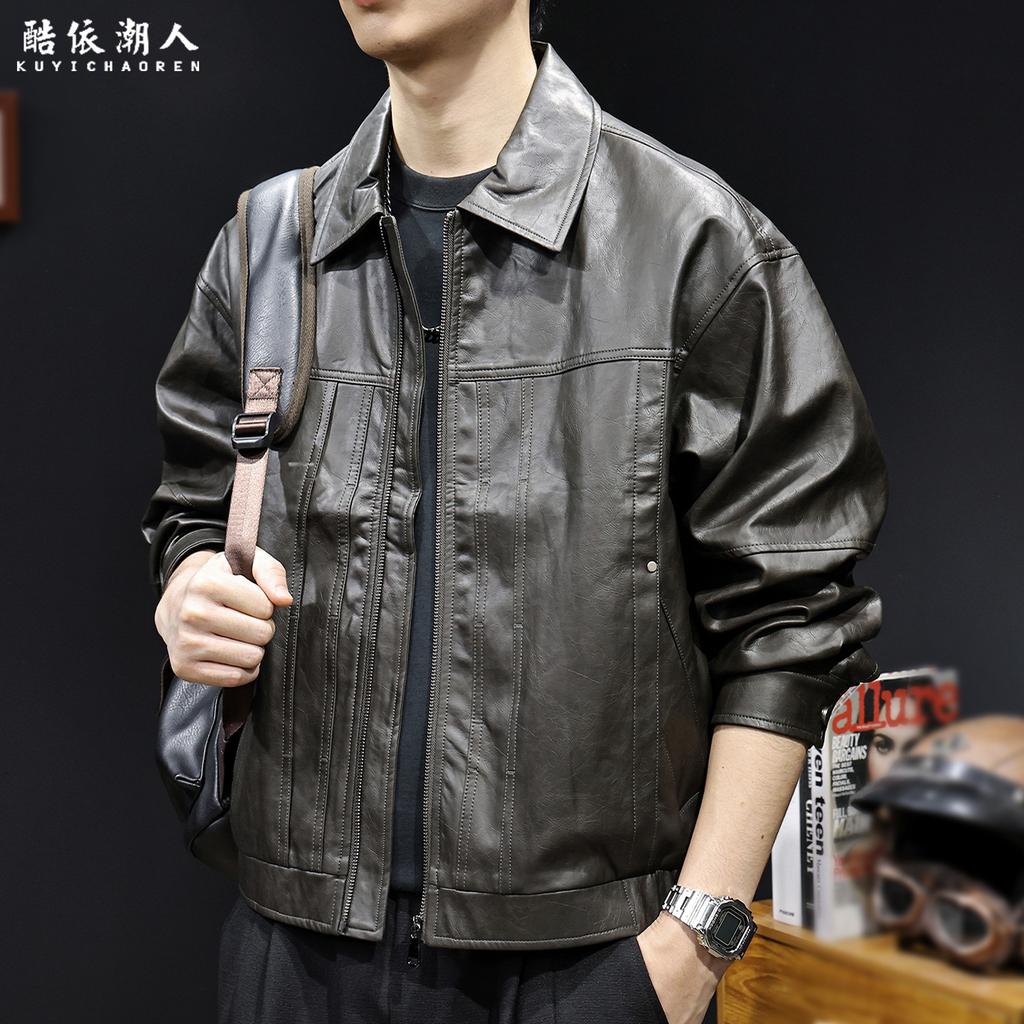 "Wire" simulated cowhide embossed PU leather retro locomotive leather jacket men's autumn large size leather jacket