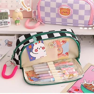 Cute Bear Checkerboard Pen Bag Portable Large Capacity Chess Pencil Case Kawaii Girl Stationery Back To School Supplies