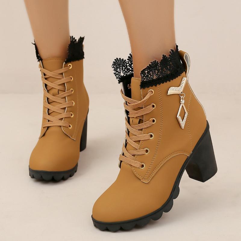 Large Size Women's Single Boots Autumn and Winter Fashion Rhinestone High Heel Fashion Boots Round Head Lace-up Thick Heel Short Boots