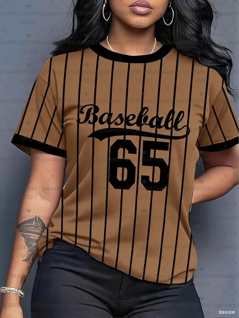 Women's Baseball Striped Print Crew Neck Short Sleeve T-Shirt, Summer Pattern T-Shirt, Sports T-Shirt