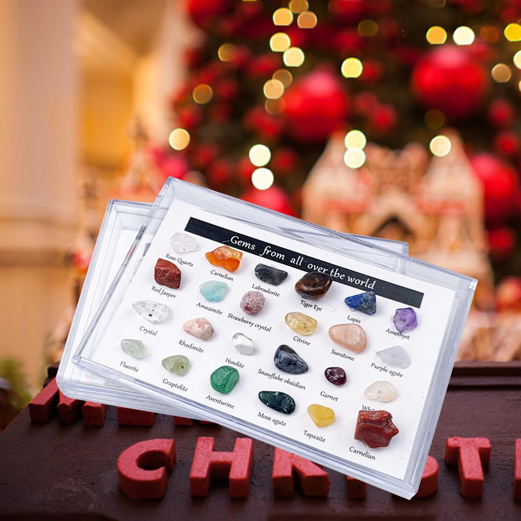 24Pc Rock & Mineral Collection with Collector Box/Display Case, ID Sheet, Gemstone Crystal Kit, STEM Geology Science Education