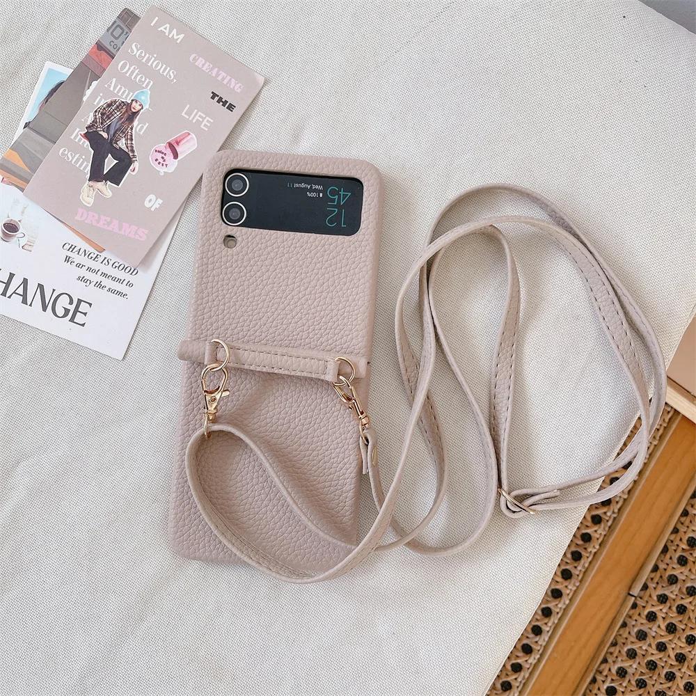 Crossbody PU Leather Phone Case for Samsung Galaxy Z Flip 6 5 4 3 Flip6 Flip5 Flip4 Flip3 5G Protective Shockproof Cover
