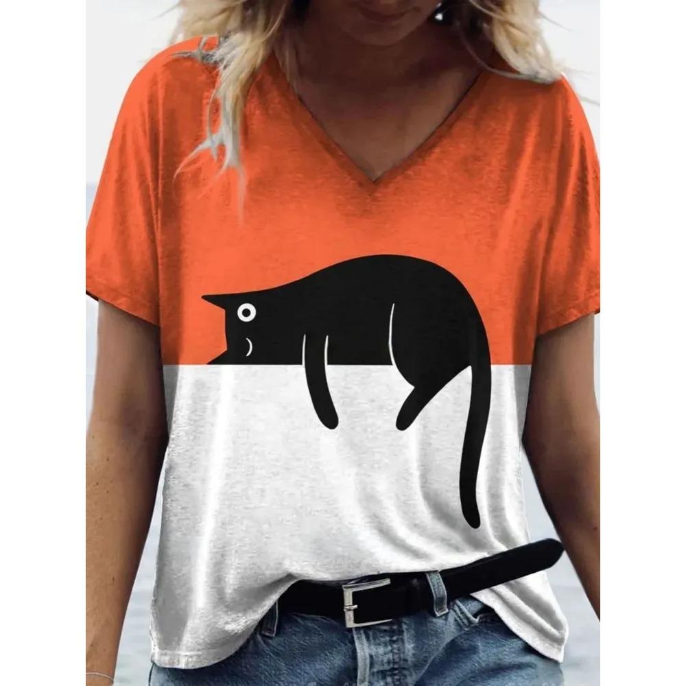 Summer V-neck Funny Cat Pattern 3D Printed Top Fashionable Casual Short Sleeved Women's T-shirts