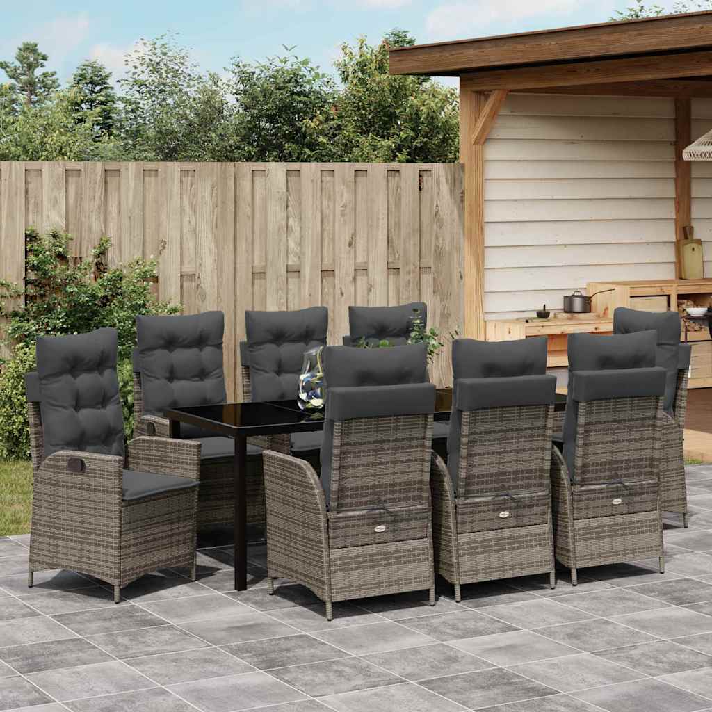 Garden Dining Set with Cushions 9 pcs Grey Poly Rattan