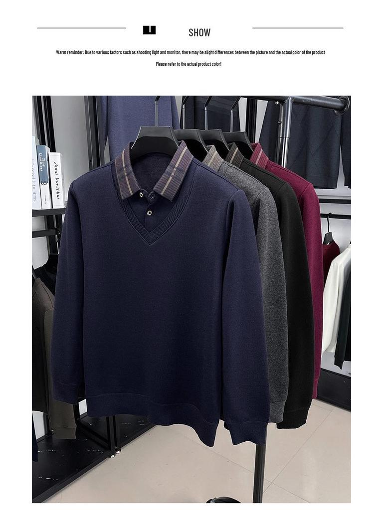Men's Winter Thickened Knit Sweater with Lapel - Business Casual, Plus Velvet, Fake Two-Piece Design